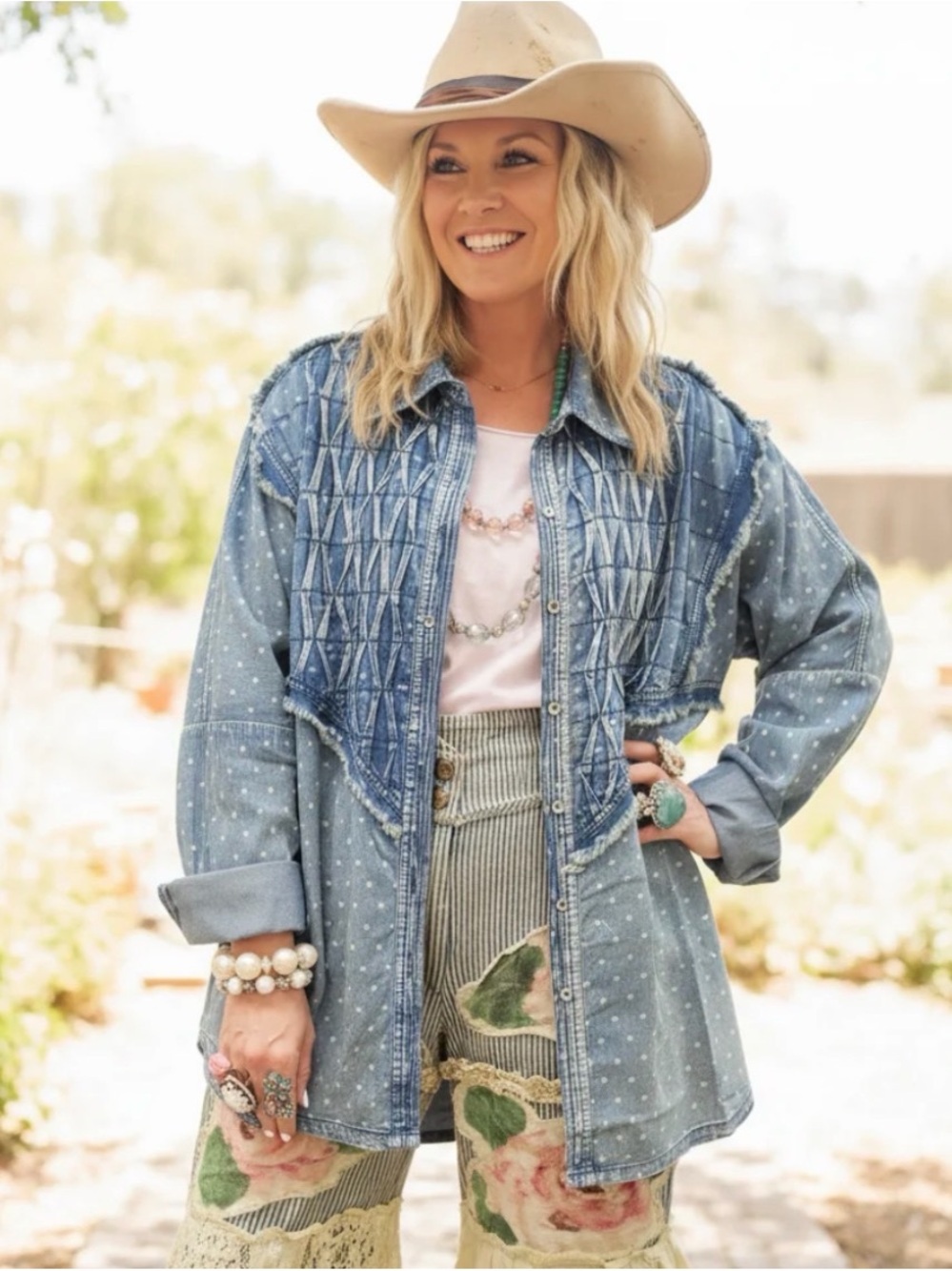 A Rare Bird Polka Dot Smocked Denim Shirt Jacket - NWT